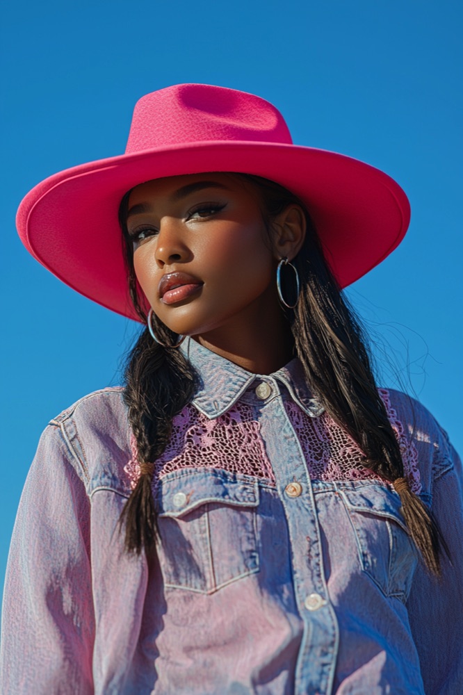 Western Glam themed AI regeneration of a guest in a pink hat