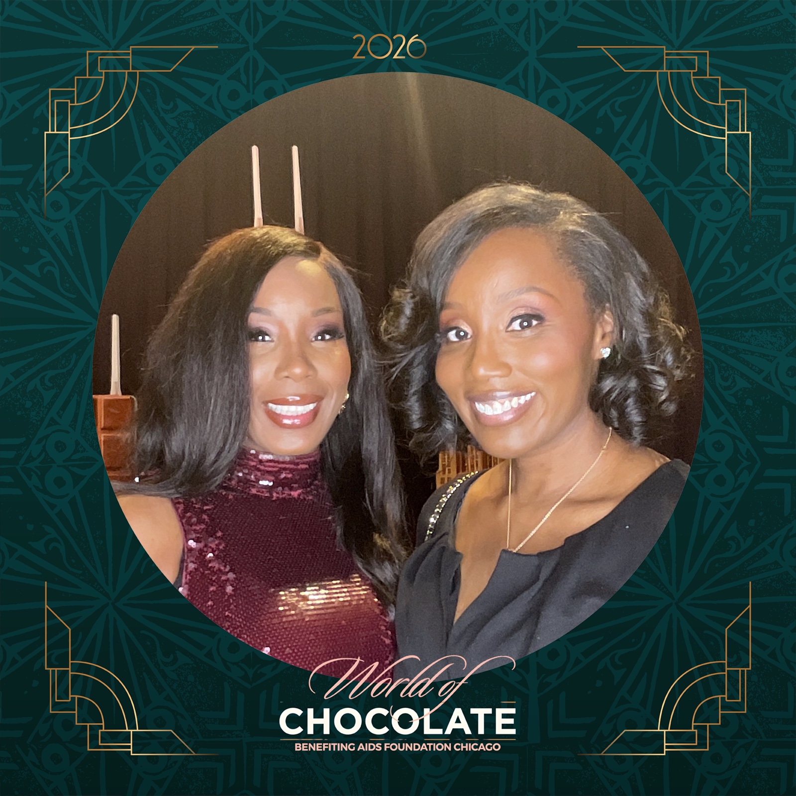 Guests in an art-deco branded frame at the World of Chocolate gala benefiting AIDS Foundation Chicago