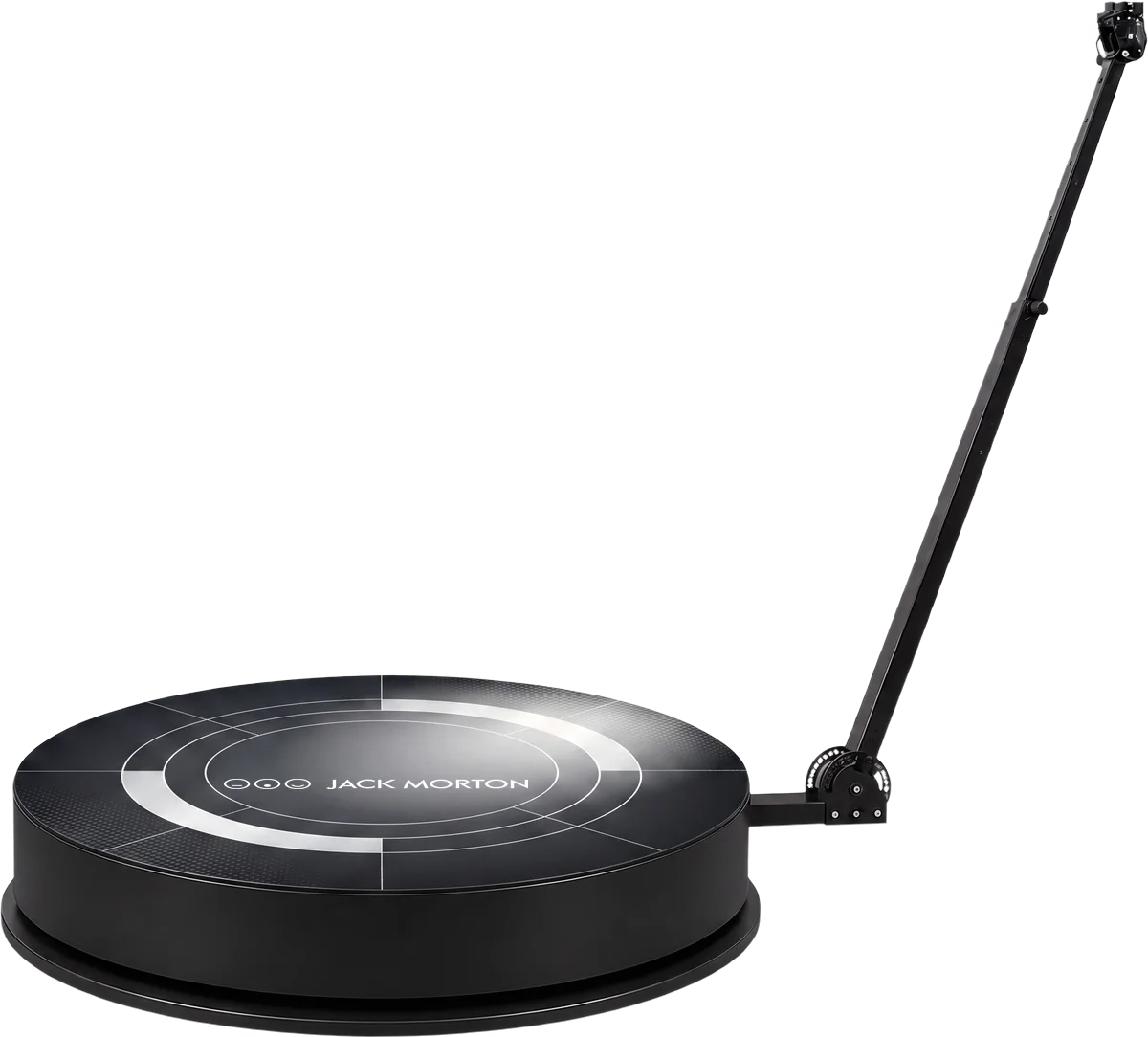 360 camera platform with rotating boom arm, shown in a Jack Morton custom wrap