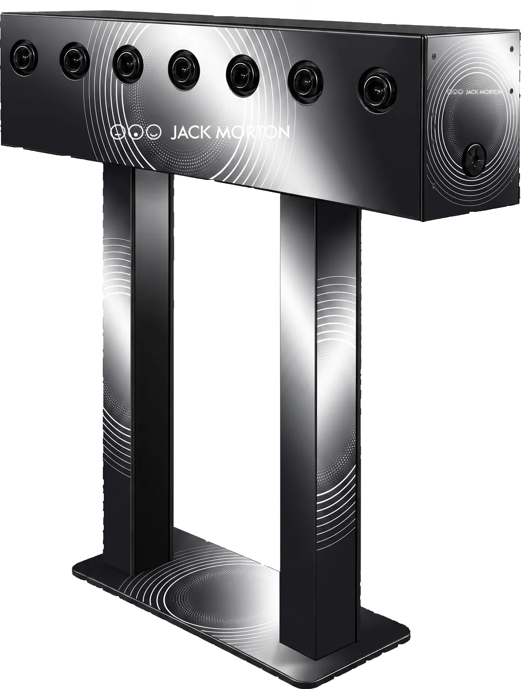 Array multi-camera gantry with seven camera lenses across the top beam, shown in a Jack Morton custom wrap