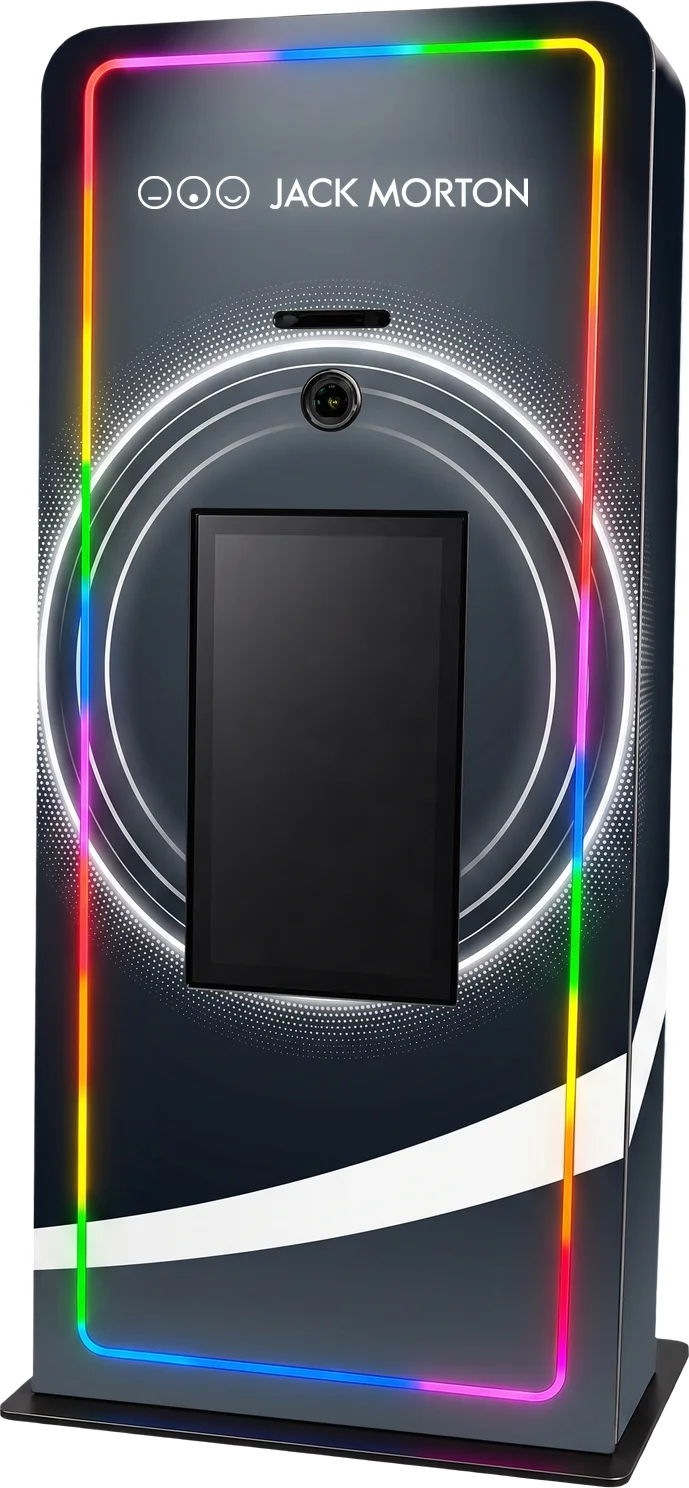 Elevated Kiosk with LED edge lighting, large touch screen, and integrated printer, shown in a Jack Morton custom wrap