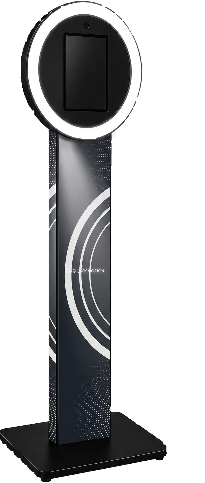 Selfie Station kiosk with halo ring light, shown in a Jack Morton custom wrap