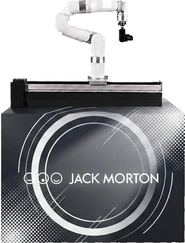 Robotic camera arm mounted on a rail atop a branded base cabinet, shown in a Jack Morton custom wrap