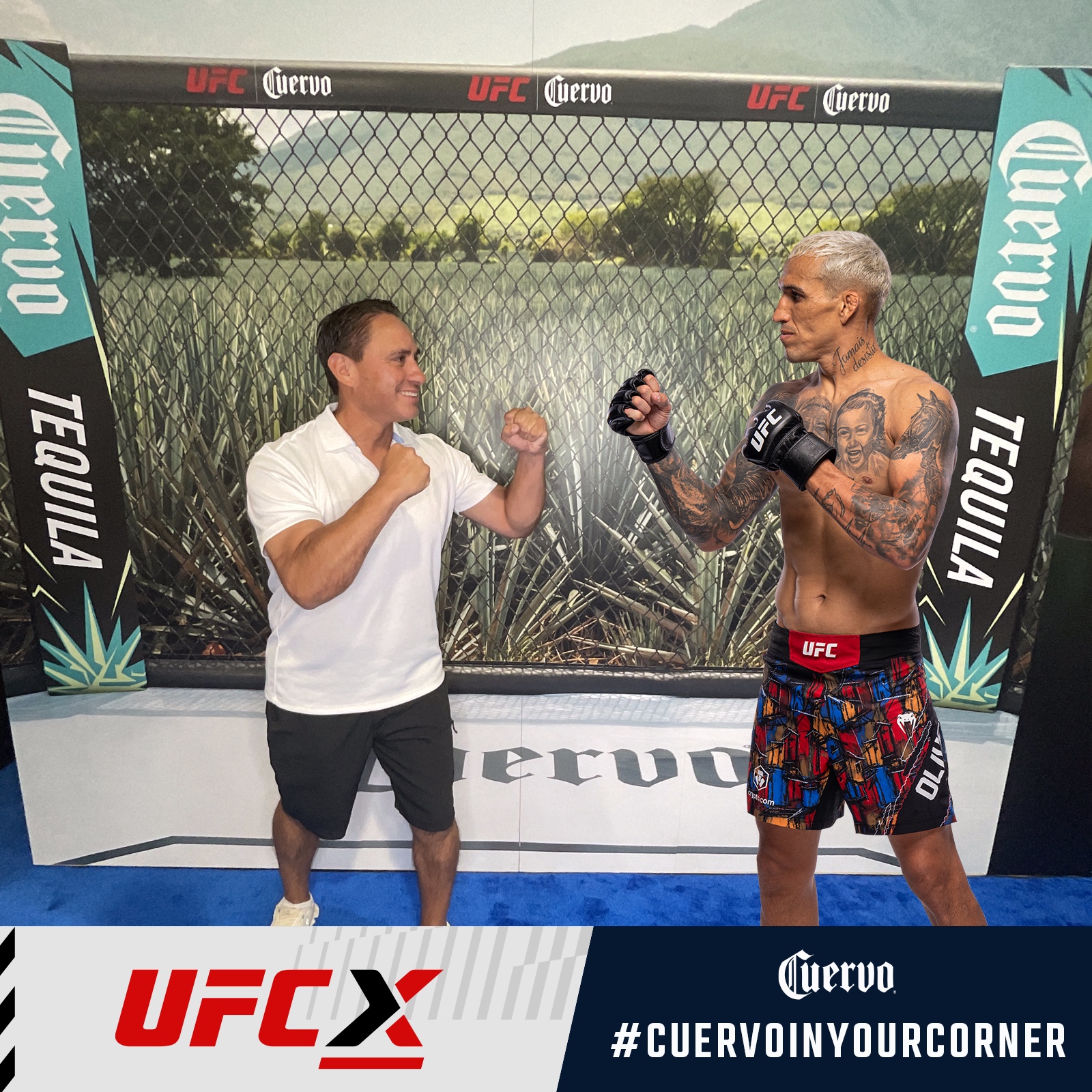 Guest posing with a UFC fighter inside a Jose Cuervo branded octagon set