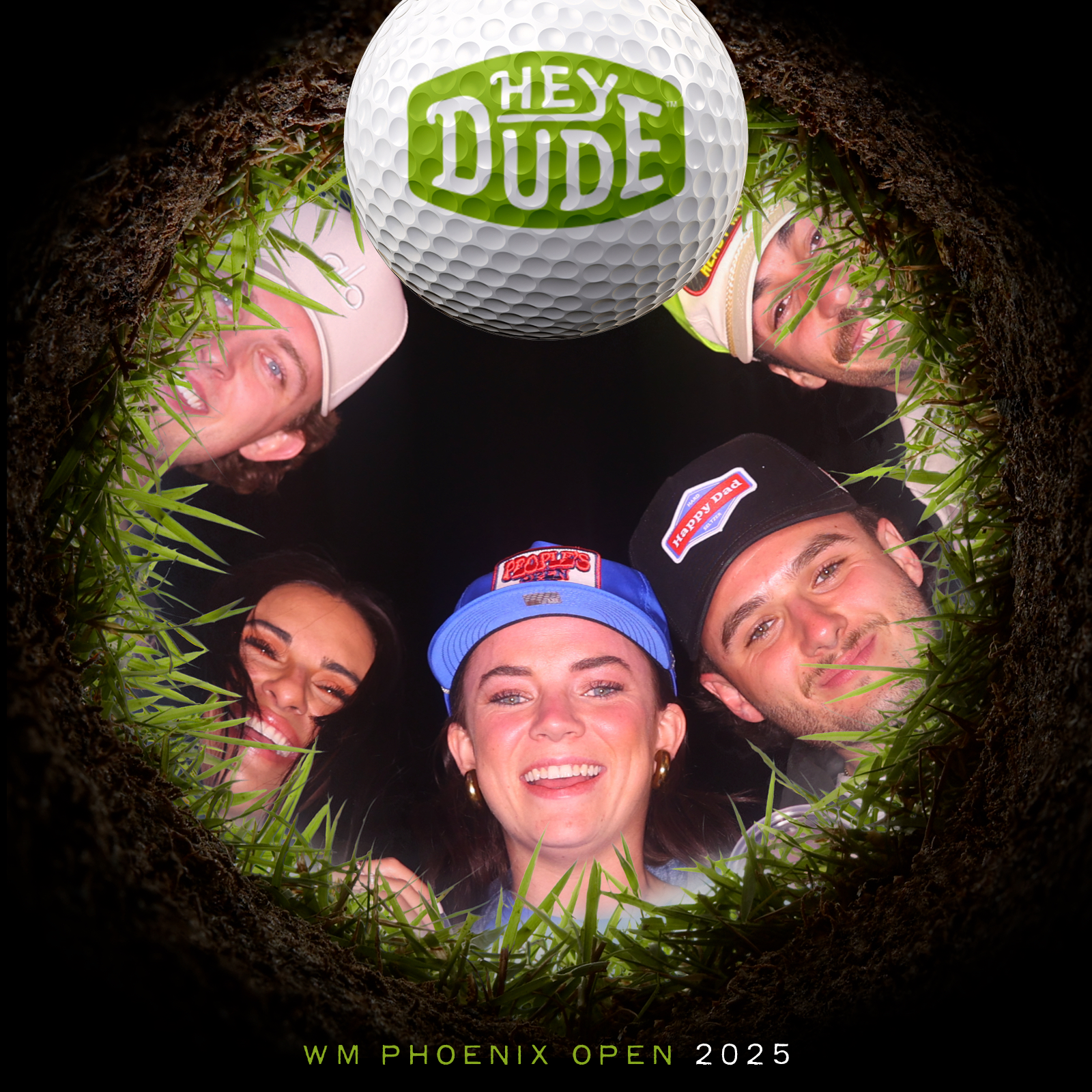 Guests framed in a golf-hole overlay from a Hey Dude activation at the WM Phoenix Open